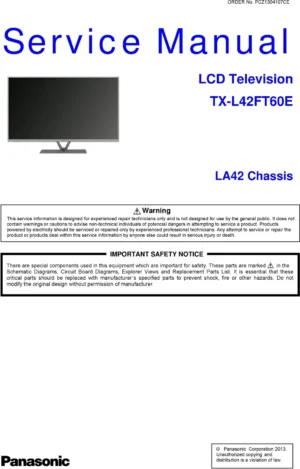 Panasonic tx l42ft60e service manual cover with photo of the television, TV type, chassis code, model code, creation date and document number