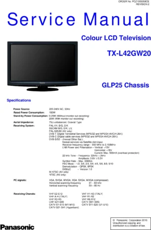Panasonic tx l42gw20 service manual cover with photo of the television, TV type, chassis code, model code, creation date and document number