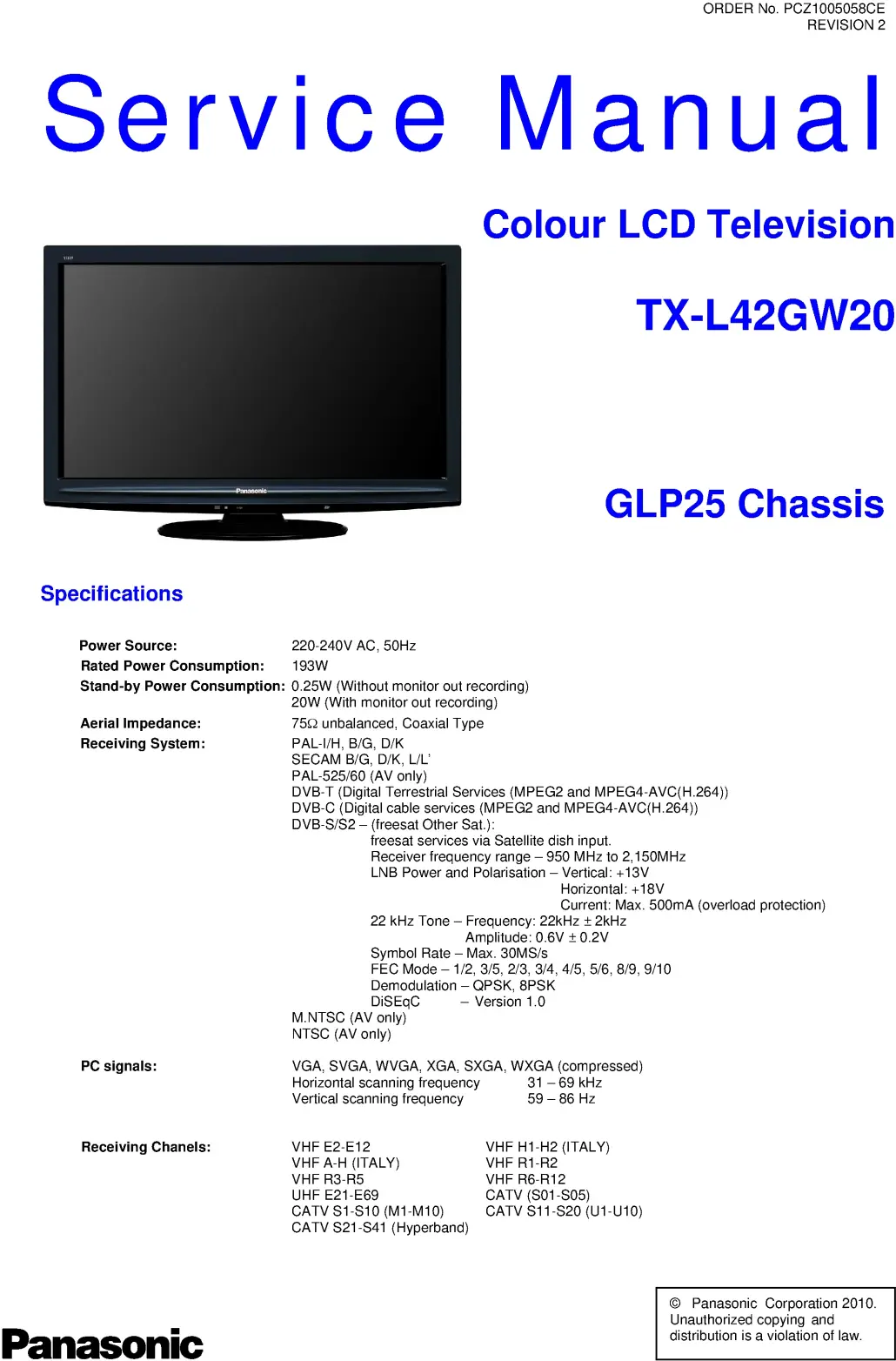 Panasonic tx l42gw20 service manual cover with photo of the television, TV type, chassis code, model code, creation date and document number