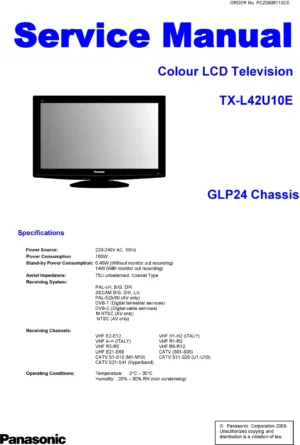 Panasonic tx l42u10e service manual cover with photo of the television, TV type, chassis code, model code, creation date and document number