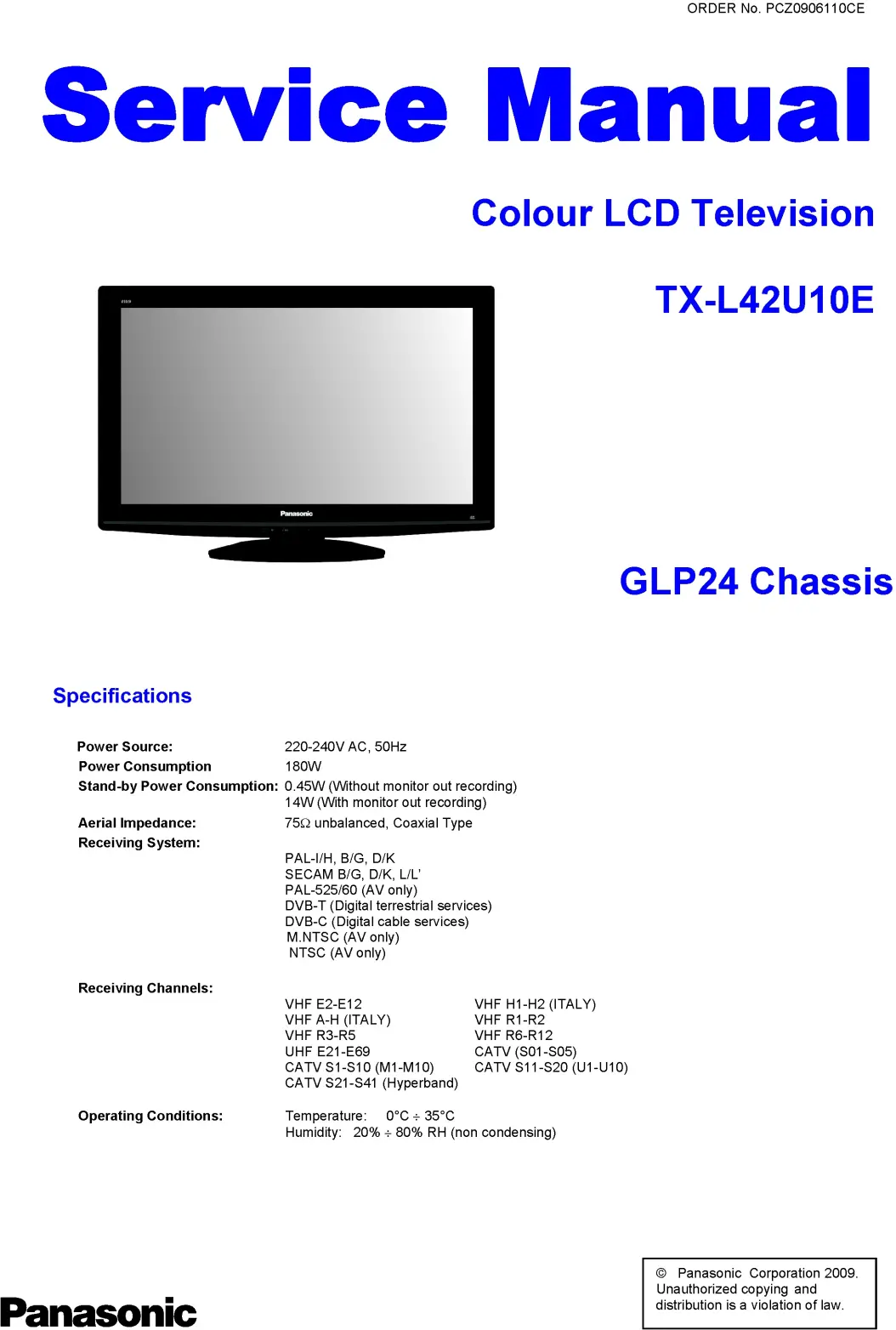 Panasonic tx l42u10e service manual cover with photo of the television, TV type, chassis code, model code, creation date and document number