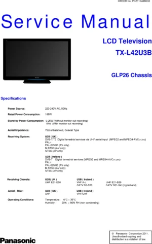 Panasonic tx l42u3b service manual cover with photo of the television, TV type, chassis code, model code, creation date and document number