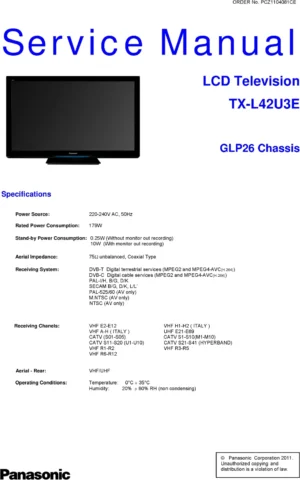 Panasonic tx l42u3e service manual cover with photo of the television, TV type, chassis code, model code, creation date and document number