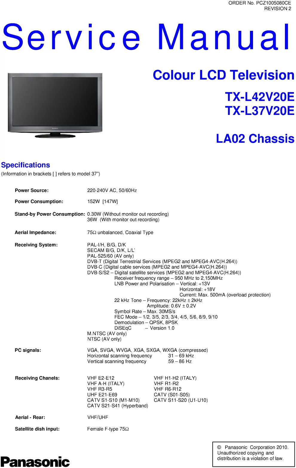 Panasonic tx l42v20e l37v20e service manual cover with photo of the television, TV type, chassis code, model code, creation date and document number