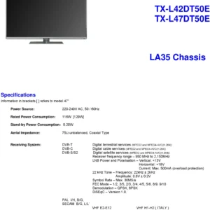 Panasonic tx l47dt50e service manual cover with photo of the television, TV type, chassis code, model code, creation date and document number