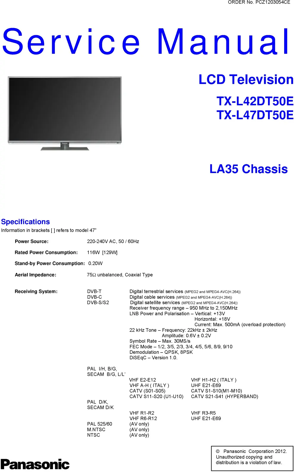 Panasonic tx l47dt50e service manual cover with photo of the television, TV type, chassis code, model code, creation date and document number
