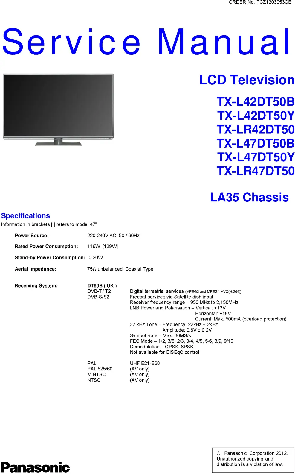 Panasonic tx l47dt50y service manual cover with photo of the television, TV type, chassis code, model code, creation date and document number