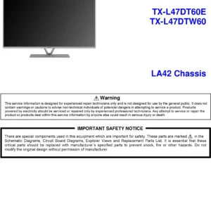 Panasonic tx l47dt60e service manual cover with photo of the television, TV type, chassis code, model code, creation date and document number