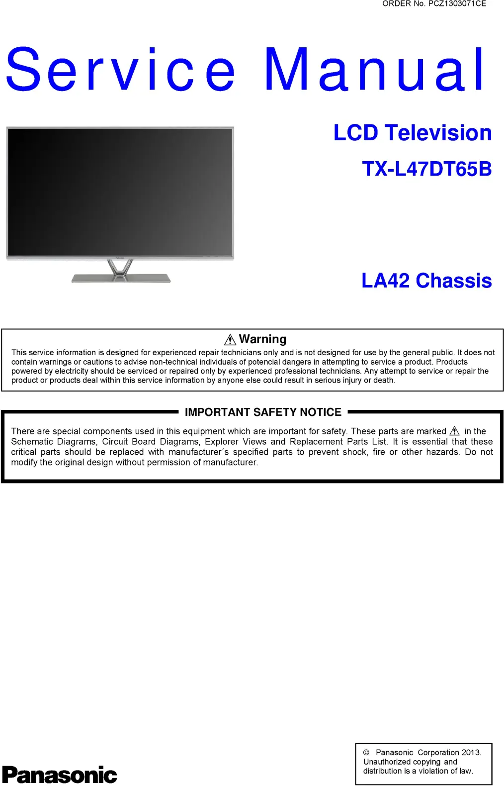 Panasonic tx l47dt65b service manual cover with photo of the television, TV type, chassis code, model code, creation date and document number