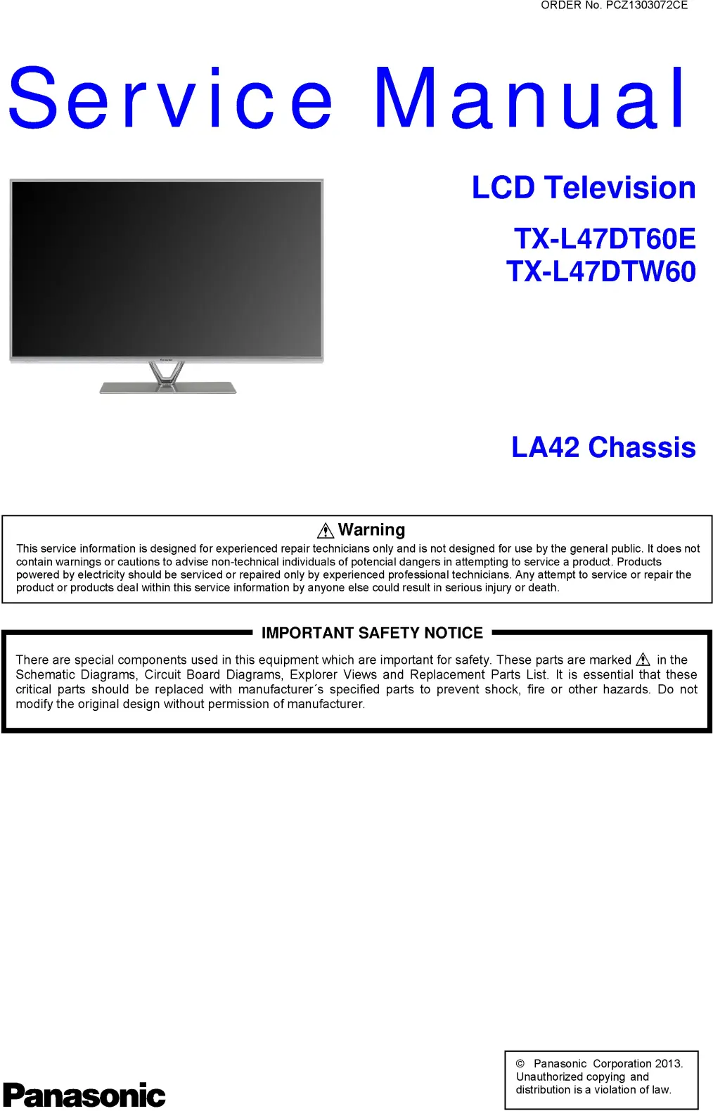 Panasonic tx l47dtw60 service manual cover with photo of the television, TV type, chassis code, model code, creation date and document number