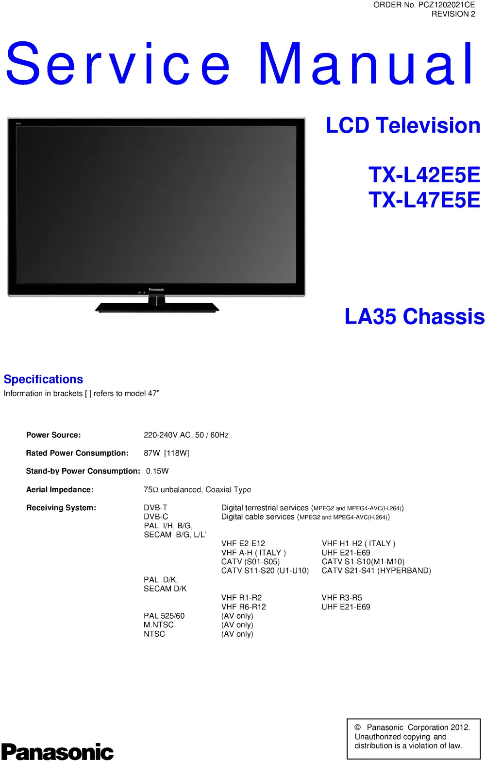 Panasonic tx l47e5e service manual cover with photo of the television, TV type, chassis code, model code, creation date and document number
