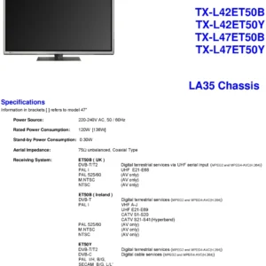 Panasonic tx l47et50b service manual cover with photo of the television, TV type, chassis code, model code, creation date and document number
