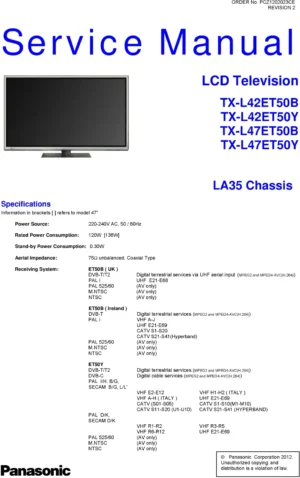 Panasonic tx l47et50b service manual cover with photo of the television, TV type, chassis code, model code, creation date and document number