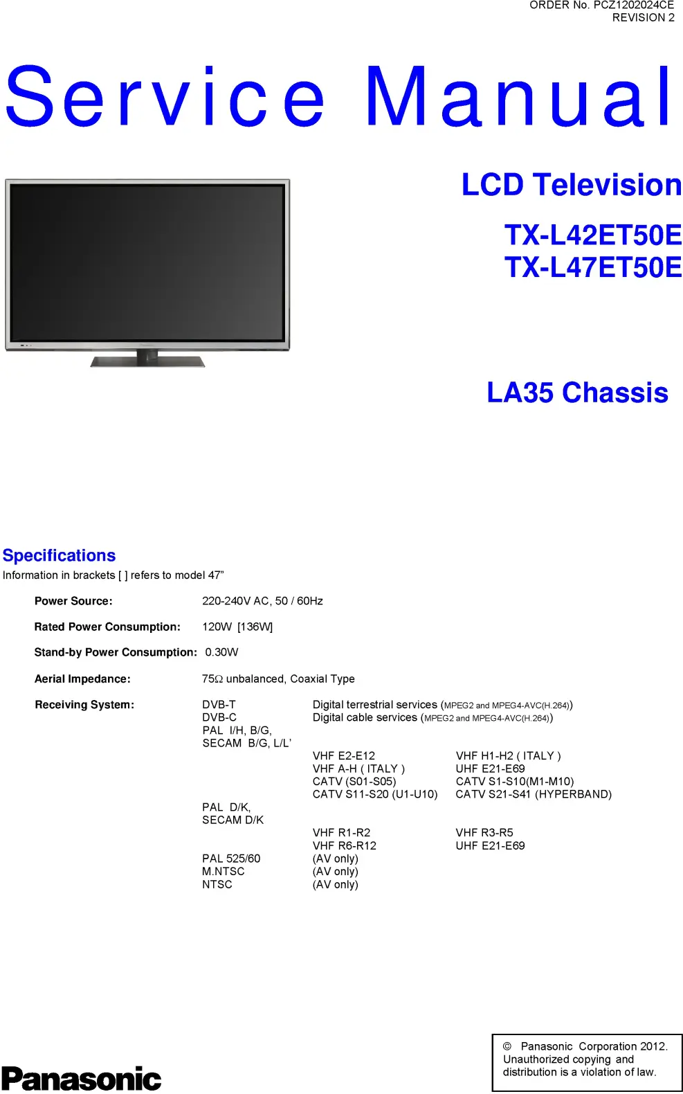 Panasonic tx l47et50e service manual cover with photo of the television, TV type, chassis code, model code, creation date and document number