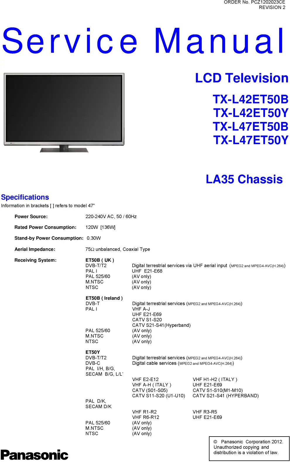 Panasonic tx l47et50y service manual cover with photo of the television, TV type, chassis code, model code, creation date and document number