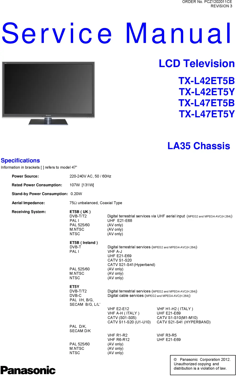 Panasonic tx l47et5b service manual cover with photo of the television, TV type, chassis code, model code, creation date and document number