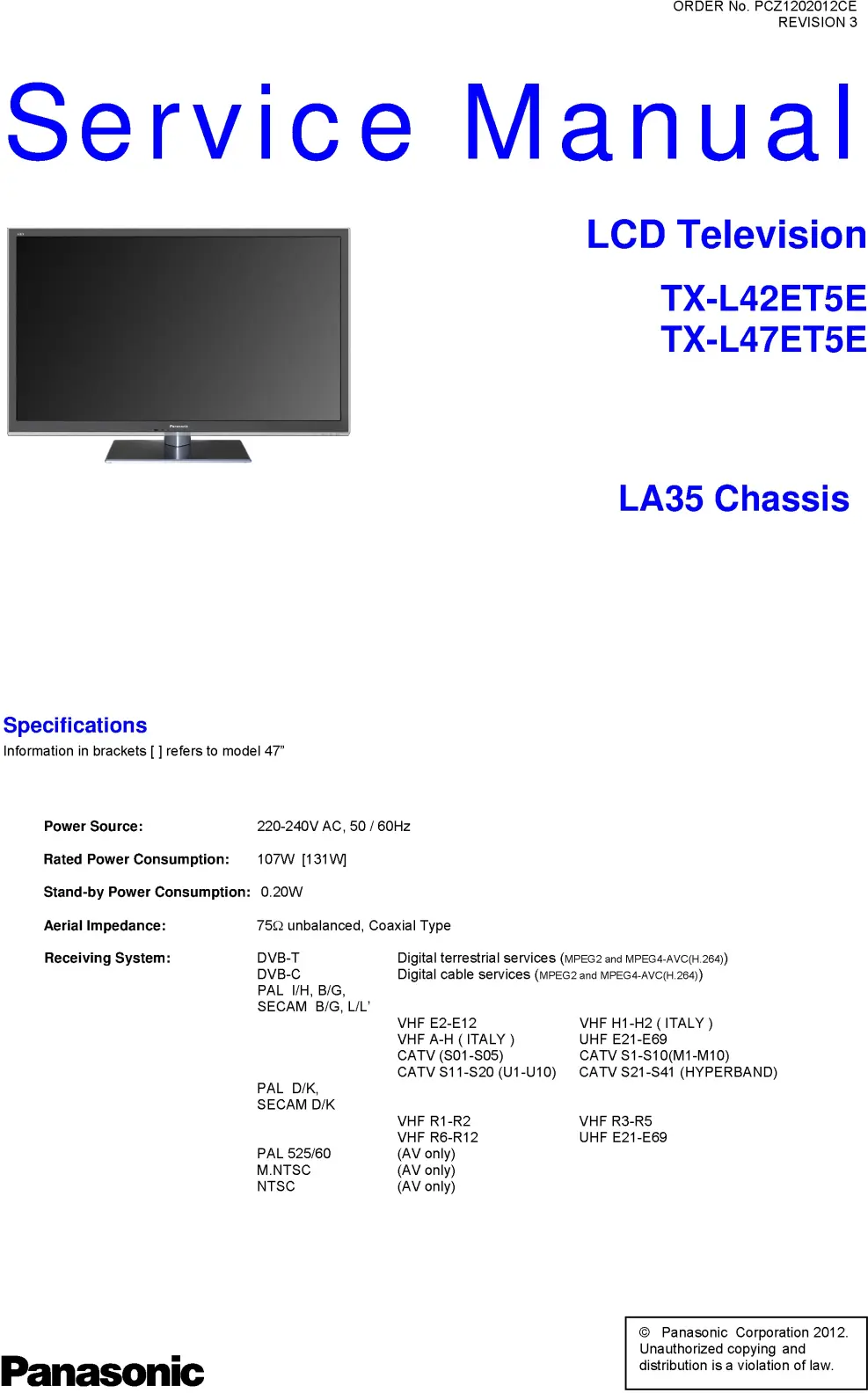 Panasonic tx l47et5e service manual cover with photo of the television, TV type, chassis code, model code, creation date and document number