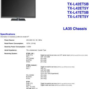 Panasonic tx l47et5y service manual cover with photo of the television, TV type, chassis code, model code, creation date and document number
