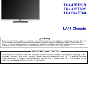 Panasonic tx l47et60b l47et60y service manual cover with photo of the television, TV type, chassis code, model code, creation date and document number
