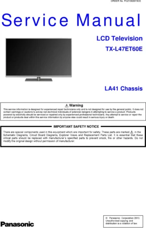 Panasonic tx l47et60e service manual cover with photo of the television, TV type, chassis code, model code, creation date and document number