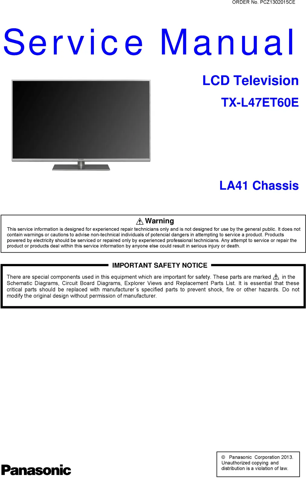 Panasonic tx l47et60e service manual cover with photo of the television, TV type, chassis code, model code, creation date and document number