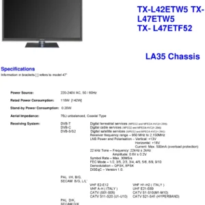 Panasonic tx l47etf52 service manual cover with photo of the television, TV type, chassis code, model code, creation date and document number