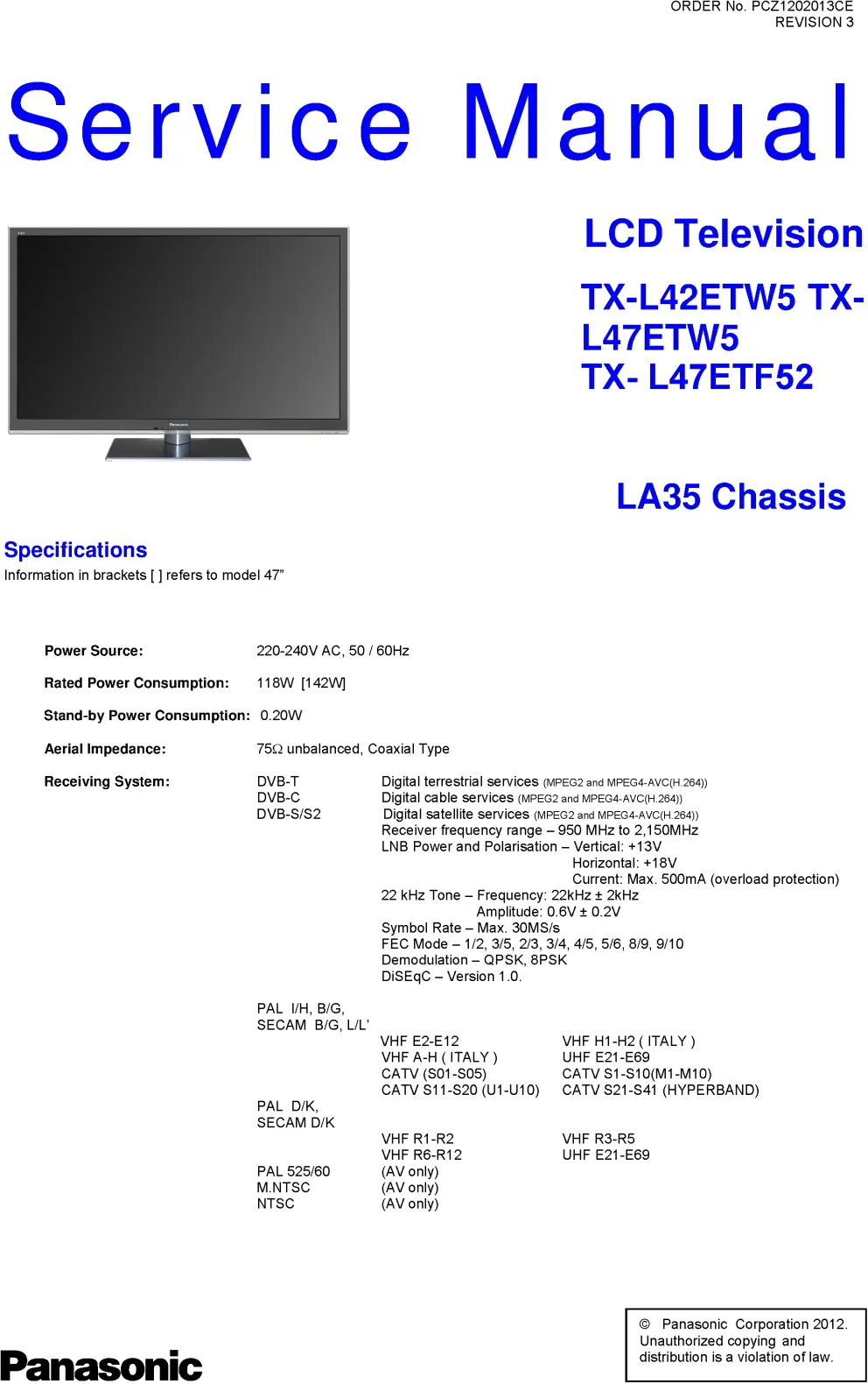 Panasonic tx l47etf52 service manual cover with photo of the television, TV type, chassis code, model code, creation date and document number