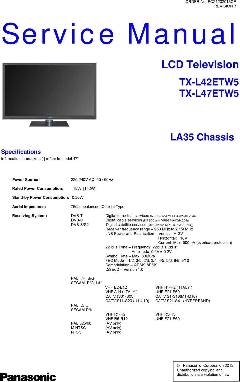 Panasonic tx l47etw5 service manual cover with photo of the television, TV type, chassis code, model code, creation date and document number
