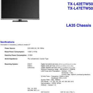 Panasonic tx l47etw50 service manual cover with photo of the television, TV type, chassis code, model code, creation date and document number