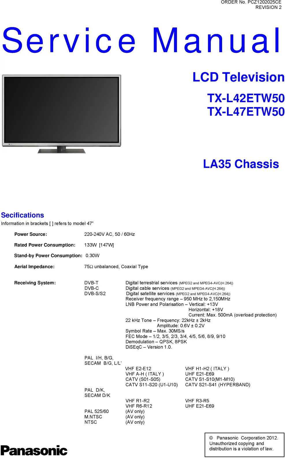 Panasonic tx l47etw50 service manual cover with photo of the television, TV type, chassis code, model code, creation date and document number