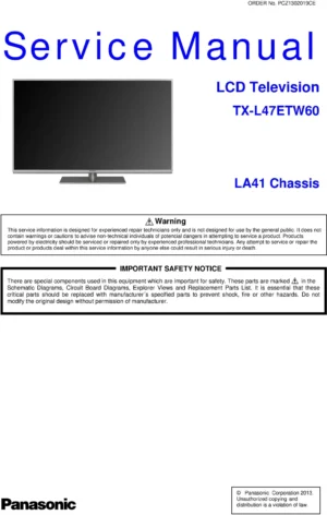 Panasonic tx l47etw60 service manual cover with photo of the television, TV type, chassis code, model code, creation date and document number