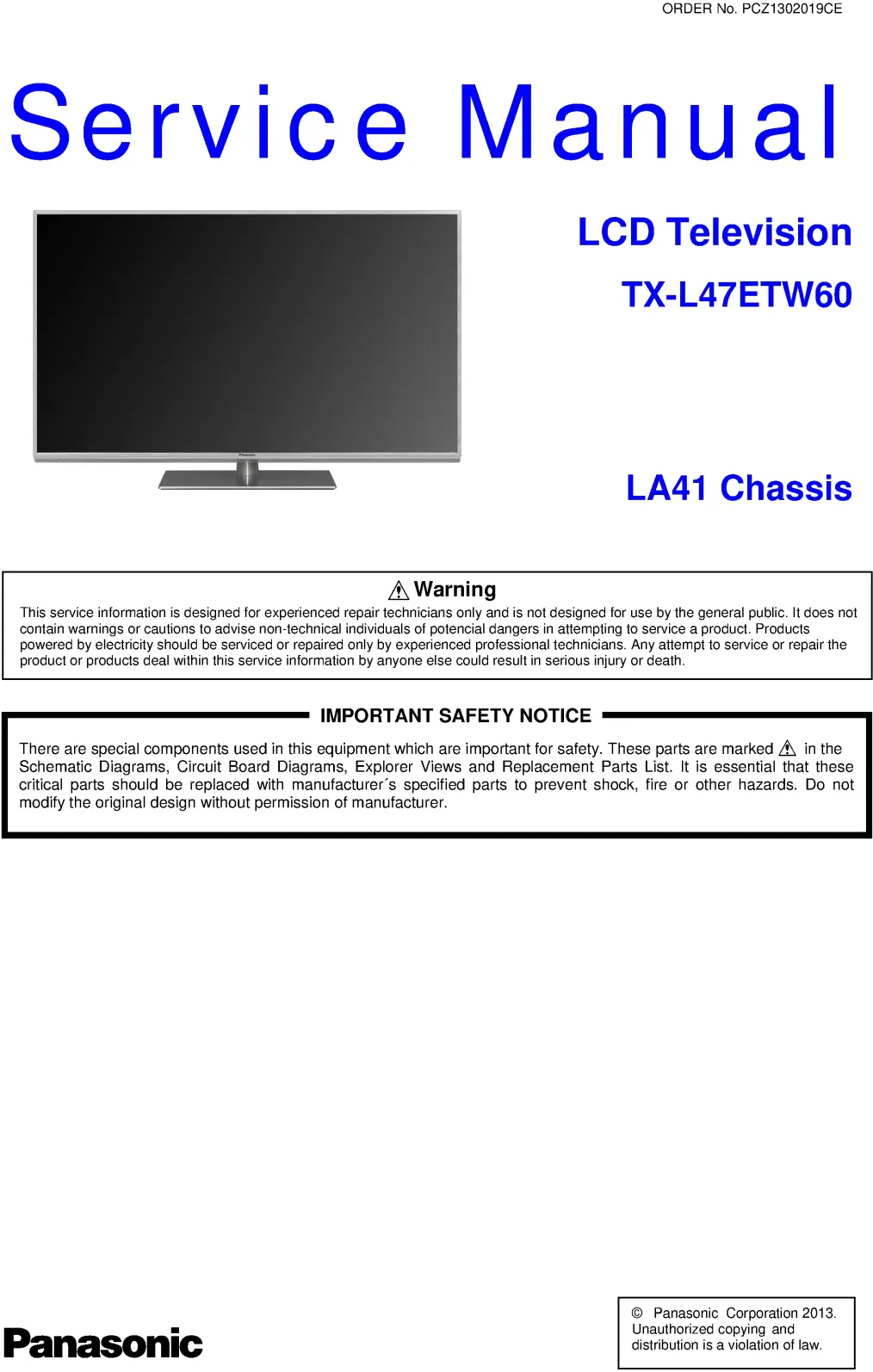 Panasonic tx l47etw60 service manual cover with photo of the television, TV type, chassis code, model code, creation date and document number