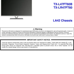 Panasonic tx l47ft60b service manual cover with photo of the television, TV type, chassis code, model code, creation date and document number