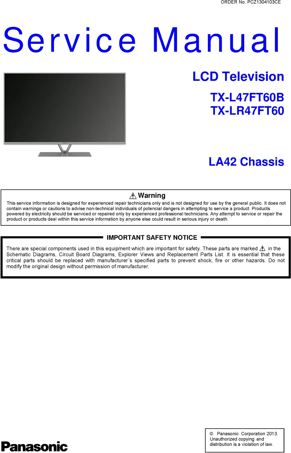 Panasonic tx l47ft60b service manual cover with photo of the television, TV type, chassis code, model code, creation date and document number
