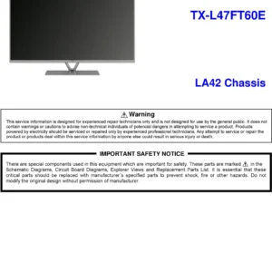 Panasonic tx l47ft60e service manual cover with photo of the television, TV type, chassis code, model code, creation date and document number