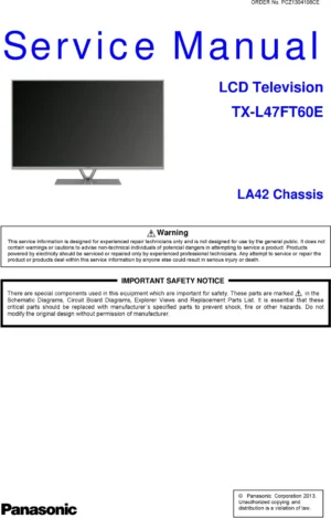 Panasonic tx l47ft60e service manual cover with photo of the television, TV type, chassis code, model code, creation date and document number