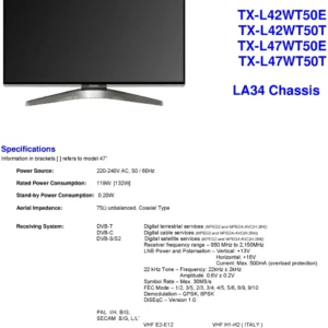 Panasonic tx l47wt50t service manual cover with photo of the television, TV type, chassis code, model code, creation date and document number