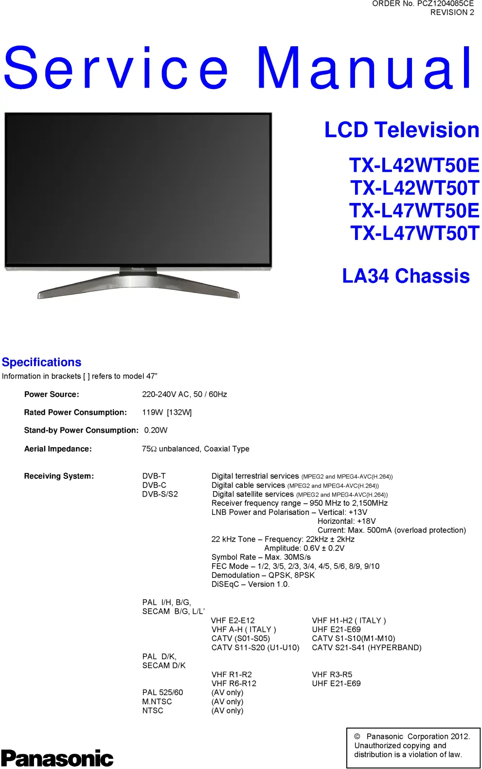 Panasonic tx l47wt50t service manual cover with photo of the television, TV type, chassis code, model code, creation date and document number
