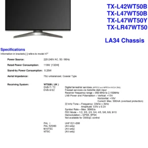 Panasonic tx l47wt50y service manual cover with photo of the television, TV type, chassis code, model code, creation date and document number