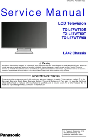 Panasonic tx l47wt60e service manual cover with photo of the television, TV type, chassis code, model code, creation date and document number