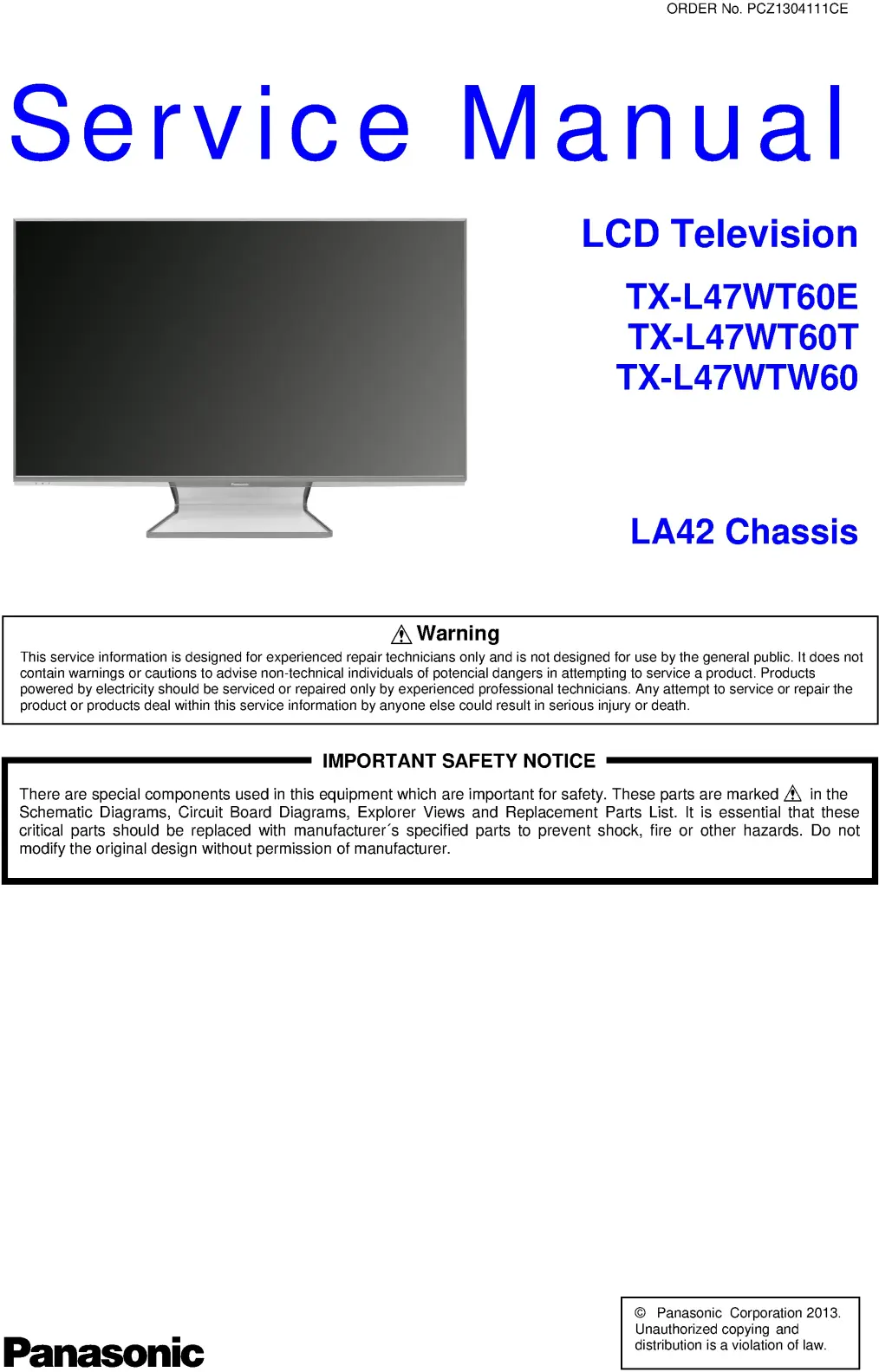 Panasonic tx l47wt60e service manual cover with photo of the television, TV type, chassis code, model code, creation date and document number