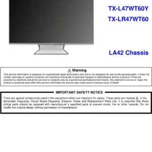 Panasonic tx l47wt60y lr47wt60 service manual cover with photo of the television, TV type, chassis code, model code, creation date and document number