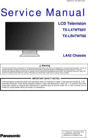 Panasonic tx l47wt60y lr47wt60 service manual cover with photo of the television, TV type, chassis code, model code, creation date and document number