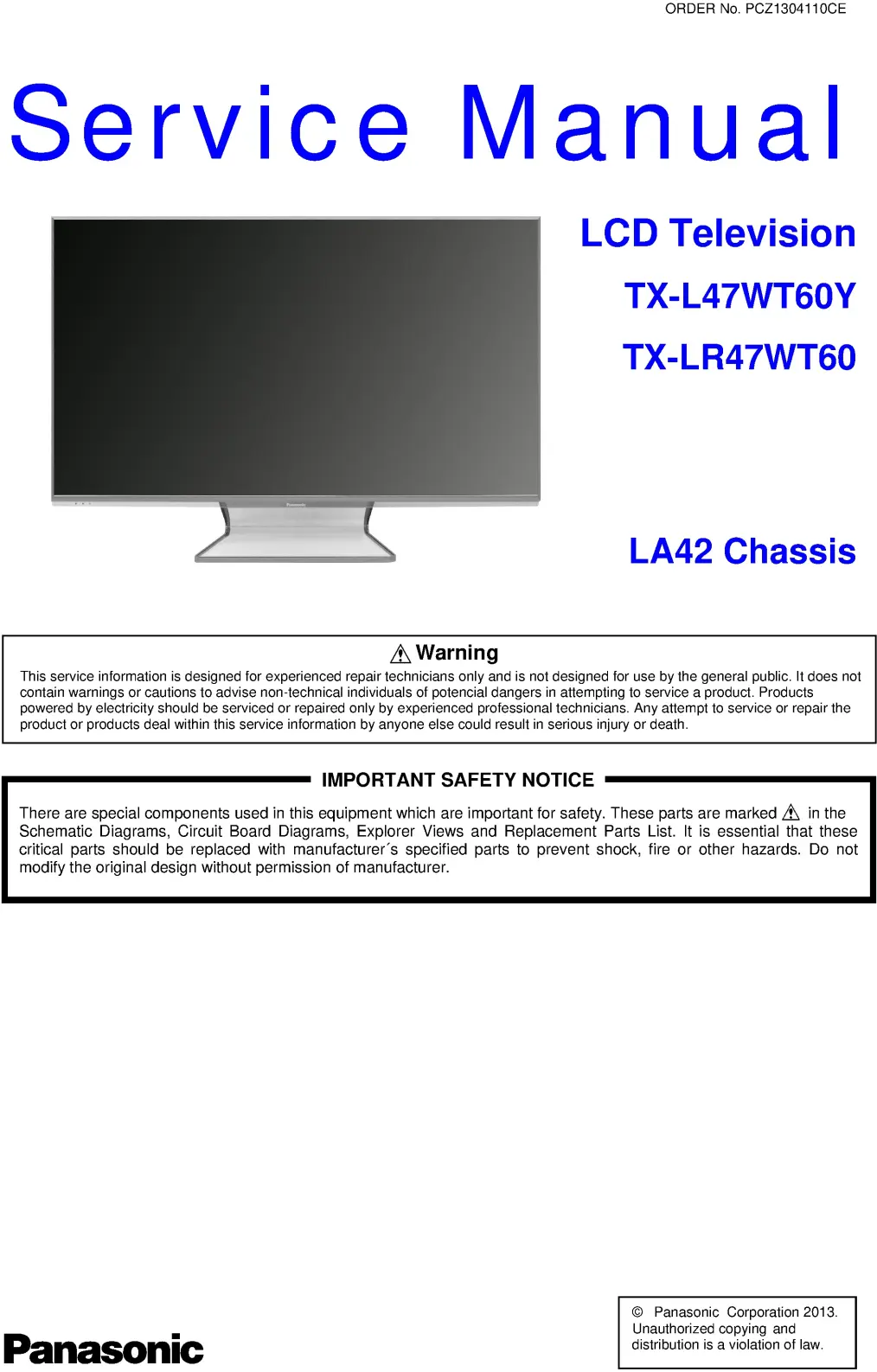 Panasonic tx l47wt60y lr47wt60 service manual cover with photo of the television, TV type, chassis code, model code, creation date and document number