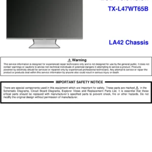 Panasonic tx l47wt65b service manual cover with photo of the television, TV type, chassis code, model code, creation date and document number