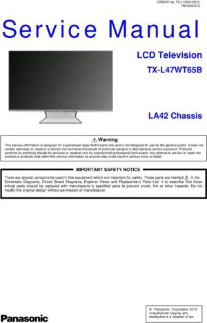Panasonic tx l47wt65b service manual cover with photo of the television, TV type, chassis code, model code, creation date and document number