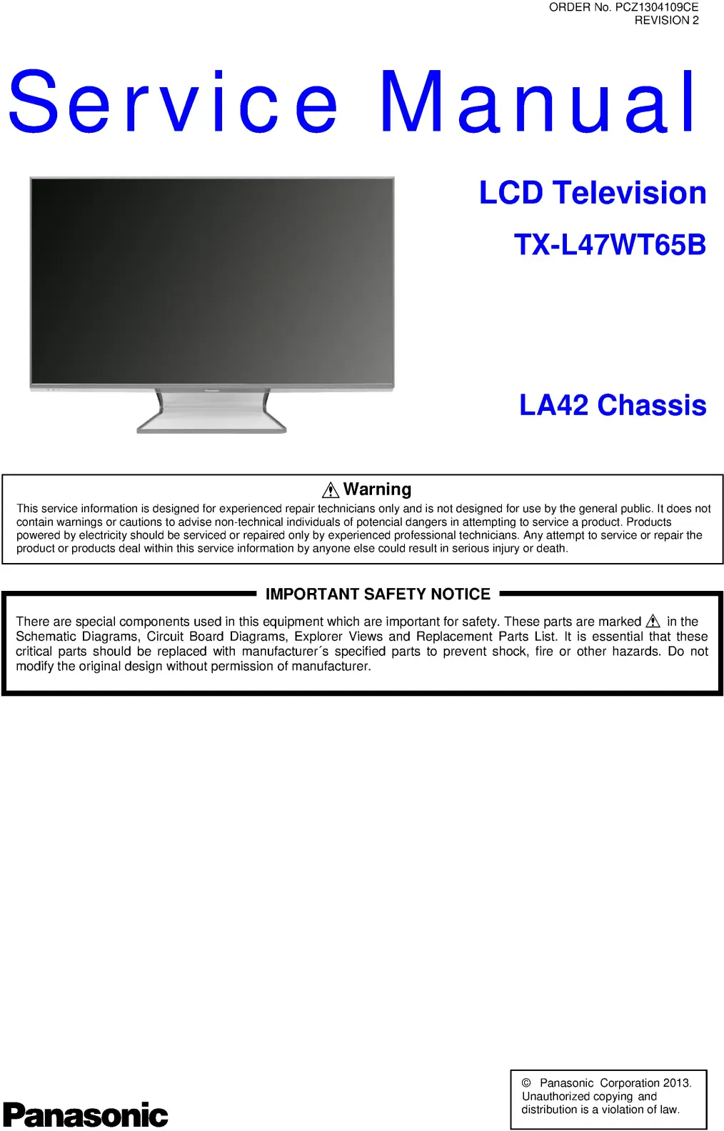 Panasonic tx l47wt65b service manual cover with photo of the television, TV type, chassis code, model code, creation date and document number