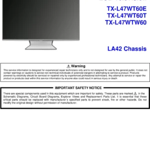 Panasonic tx l47wtw60 service manual cover with photo of the television, TV type, chassis code, model code, creation date and document number