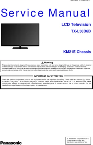 Panasonic tx l50b6b service manual cover with photo of the television, TV type, chassis code, model code, creation date and document number