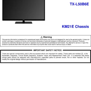 Panasonic tx l50b6e service manual cover with photo of the television, TV type, chassis code, model code, creation date and document number